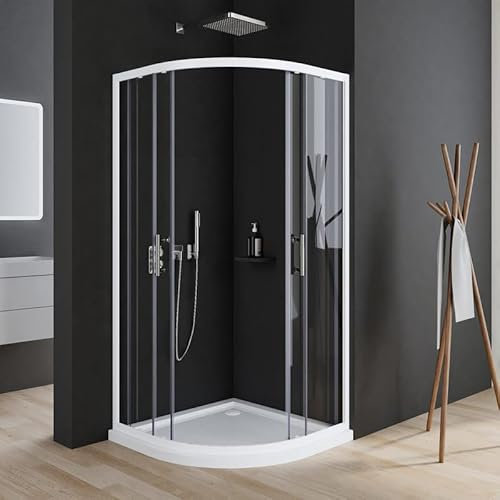 Viertelkreis Duschkabine 90x90x185cm Weiß Eckeinstieg Duschkabine Rund Dusche halbrund Dusche mit Schiebetüren aus 6mm ESG Sicherheitsglas, Duschtüren Radius 550mm, ohne Duschwanne