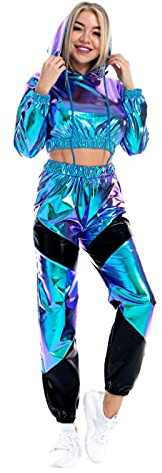 IWEMEK Rave Outfits Damen Metallic Top Glitzer Hose Trainingsanzug Glänzend Hohe Taille Jogginghose Lack Leder Oberteil 80er 90er Fasching Festival Party Disco Hip Hop Kostüm Clubwear Leser Blau XL