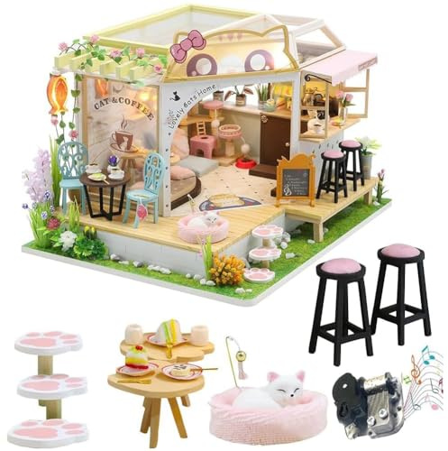TOPBSFARNY Katzencafé Holz Miniatur-Puppenhaus-Kit zum Selbermachen Haustier Katze Café Baumodell Zubehör mit Möbeln LED-Licht Musikbox Geburtstag