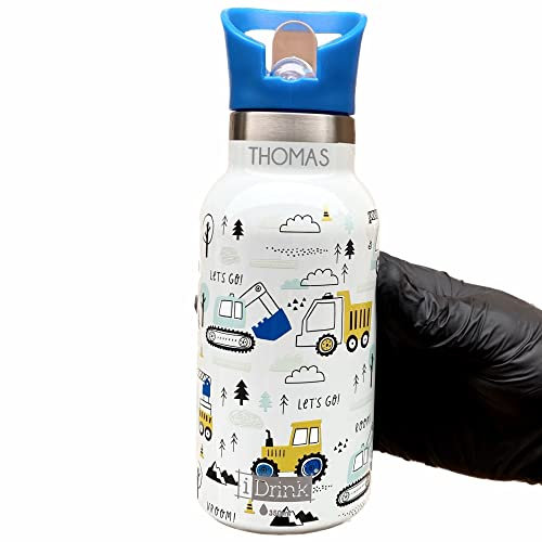 I-Drink Borraccia 350 ml Termica Acciaio Bottles Kids IDRINK INCISIONE INCLUSA (350 ml) - Personalizzazione con testo a tua scelta (Trattori)