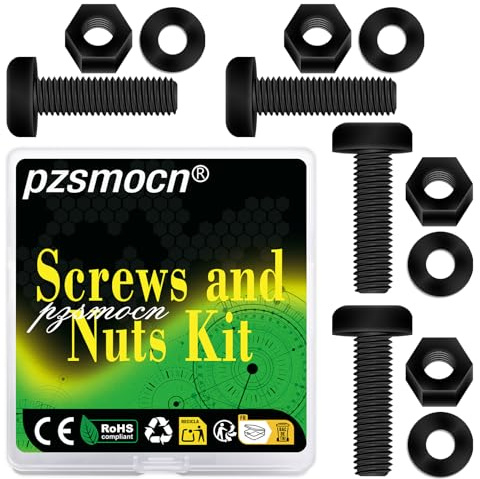 Pzsmocn 300 Stück/100 Sätze M4*20 mm Schwarzes Nylon Kunststoff Kreuzschlitz Rundkopfschrauben-Sechskantmuttern mit Isolierscheibe Standardgröße, für Heimwerker und Elektronische Montage.