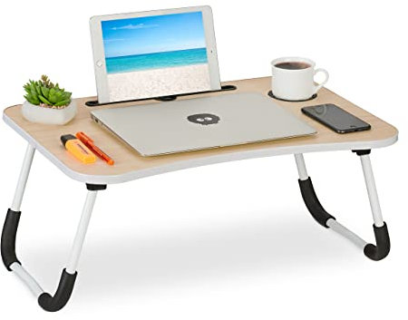 Relaxdays Laptoptisch für Couch, klappbar, Tablethalter, Getränkehalter, Betttisch, HxBxT: 26 x 63 x 40 cm, Natur/weiß