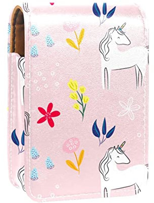 Pink Background Unicorn Plant Lip Gloss Holder Lipstick Case Portable Mini Lipstick Storage Box Travel Lipstick Or Organiser Case with Mirror for Women