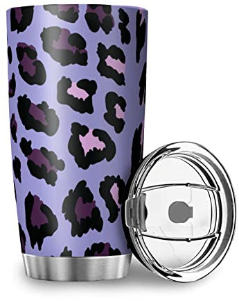 Doppelwandiger, isolierter Becher, rosa, lila, Leopard, 590 ml, Edelstahl, für Reisen, mit Deckel, wiederverwendbarer Kaffeebecher, auslaufsicher, tragbarer Thermobecher