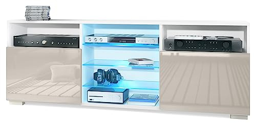 Vladon Meuble TV Granada, Lowboard avec 2 Portes et 6 Compartiments Ouverts, Corps Blanc Mat, façades en Gris Sable Haute Brillance avec éclairage LED RVB (146 x 54 x 35 cm)