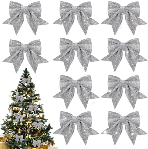 mizikuu 12 Stück Weihnachtsschleifen, Schleifen Weihnachten Deko Weihnachtsbogen Band Weihnachtsbaumschmuck Christmas Glitter Bows Zierschleifen für Party Baumkranz Dekorationen, Silbrig