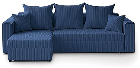 Mars Meble L-förmiges Lounge-Ecke Hamlet L-Form Corner Sofa aus Cordstoff universelle Schlafsofa inkl. Schlaffunktion Bettkasten, Farbe: Blau