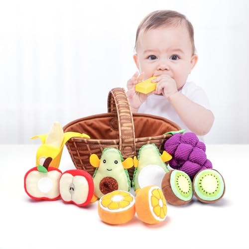 Jollybaby Baby Sensory Toys for 6-9-12 Month, Soft Plush Play Food Toy Set | Tummy Time Montessori Fruit Basket Toys for Sorting, Early Development Activity Toys Gift for Inifan Boys Girls