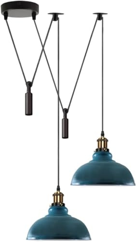 DC VOLTAGE Lámpara colgante industrial retro de 2 cabezales de metal de 29 cm con base de bombilla E27 con cable ajustable para oficina, restaurante, comedor, cocina, vestíbulo (azul cian)