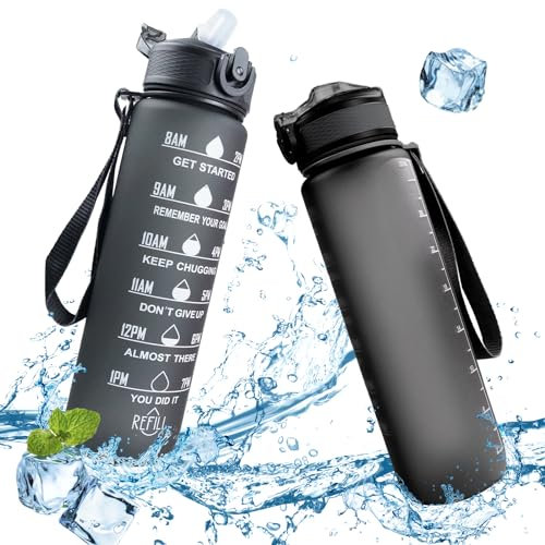 flowgoer Sport-Wasserflasche 1L Tritan BPA-frei | Auslaufsicher mit Strohhalm & Zeitmarkierung | Trageriemen, Fitnessstudio & Outdoor (Schwarz)