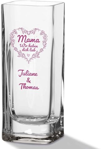 GRAVURZEILE Blumenvase mit UV Druck - Mama (Wir haben...) - Personalisiert mit Namen - Moderne Vase aus Glas - Personalisierte Geschenke für Frauen - Deko Geschenkidee zum Muttertag - 20x8cm