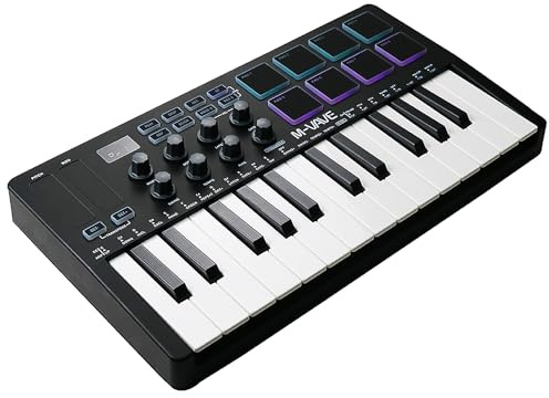 M-VAVE 25-Tasten-USB-MIDI-Tastatur-Controller mit 8 hintergrundbeleuchteten Schlagzeug-Pads, Klaviertastatur, kabellos, halbgewichtetes professionelles dynamisches Keybed, 8 Knöpfe, Software enthalten