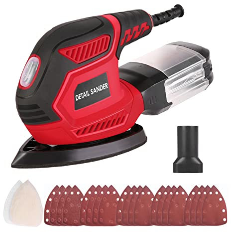 Mulcort Ponceuse de détail, ponceuse à bois 1,6A 200W 14000 RPM, avec 2 tampons de polissage et 20 papiers de verre, ponceuse triangulaire avec dépoussiérage efficace adaptée au ponçage, polissage