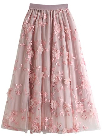 Söta blommiga tyllkjolar med hög midja för kvinnor trendig sommar veckat lager nät lång blommig A-linje midi-älva kjol, Rosa, one size