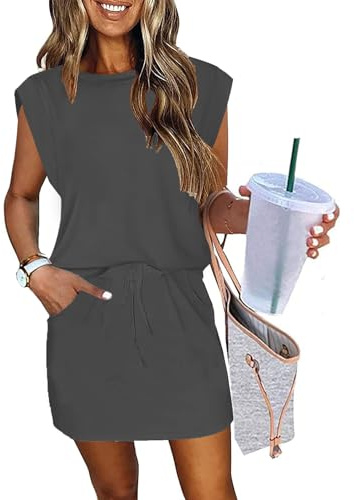 ETCYY NEW Womens Cap Sleeve Summer Dress Crew Neck Tie Front A-Line Dresses Double Layer Hem Mini Dress