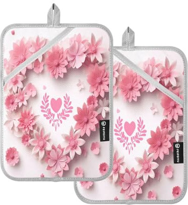 Waassud Presina a forma di cuore floreale resistente al calore per guanti da forno da cucina riutilizzabili con tasche per cuocere e cucinare 2 pezzi