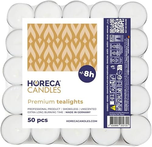 Horeca Candles - Teelichter 8 Stunden Brenndauer - Weiß - 50 Stück - Aluhülle - Kerzen zum Feiern, Deko, Hochzeit, Gastro, Party - Unparfümiert - Premium Qualitä
