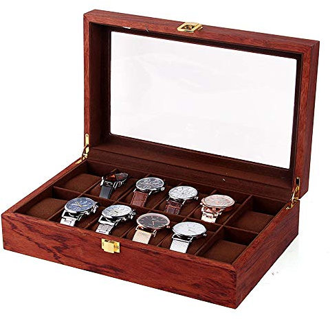 Atnhyruhd Holz Uhrenbox Uhr Aufbewahrungsbox Uhr Display Halter Uhrenkoffer mit Herausnehmbaren Uhrenkissen für 12 Uhren