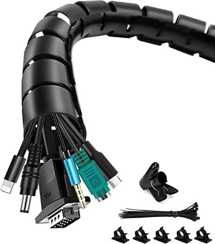 shinfly Cable Management Sleeve Black, 3m Cable Tidy Sleeve with 20 Zip Ties, 5 Adhesive Cable Clips, and 1 Guide Clip, Diameter of 16mm & 22mm, Cable Organizer for TV, PC