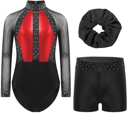 Miutii Mädchen Turnanzug Langarm Glitzer Gymnastikanzug mit kurze Hose und Haargummi Patchwork Ballettanzug Gymnastik Leotard Tanzkostüm Rot 146-152