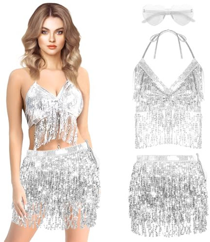 Lets Joy 3PCS Damen Pailletten Set, Pailletten Rock Damen, Bauchtanz Hüfttuch+Pailletten Top Damen+Herz Brillen, Quaste Glitzerrock, Bauchtanz Kostüm, Glitzer Karneval Tanz Musik Club Kostüm