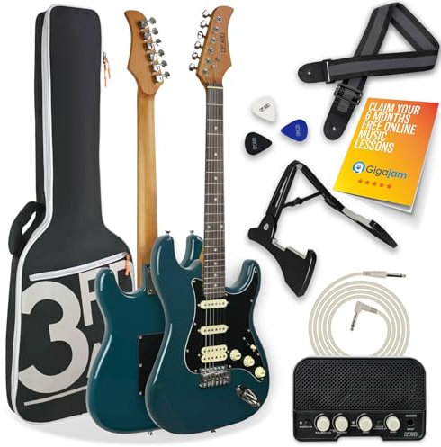 3rd Avenue Stateside Volle Größe 4-4 E-Gitarre Ultimate Kit Mit 5-W-Verstärker, Kabel, Ständer, Gepolsterter Gigbag, Gurt, Plektren – Delta Blue