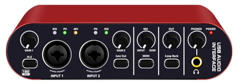 Begchy Interface audio professionnelle 24 bits et 192 kHz, carte son à 2 entrées pour guitare électrique, tuner externe pour enregistrement sur PC et studio
