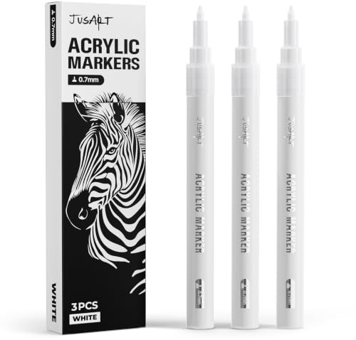JusArt 0,7 mm weißer Permanentmarker feine Spitze, Acrylmarker, 3er-Pack | Weißer Acrylfarbstift für Felsmalerei, Kunstprojekte, Keramik, Glas, Holz, Metall, Stoff, DIY, ideal für Künstlerbedarf