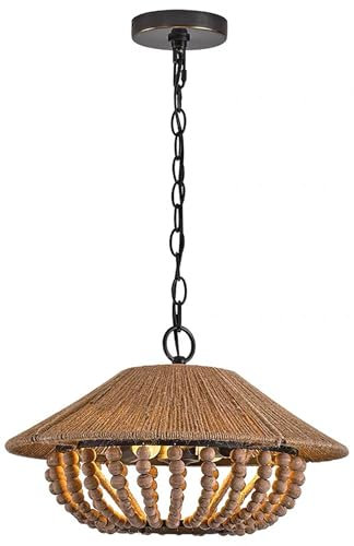 Lampadario in corda di canapa intrecciata da 45 cm, per cucina a sospensione in stile isola con cupola in rattan, design in vimini