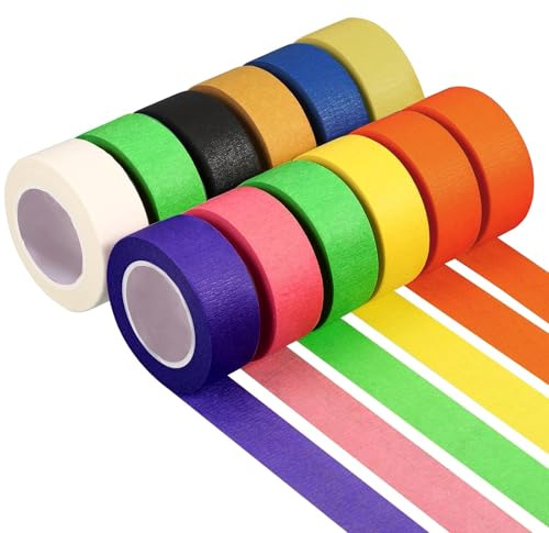Belligern 12 Rolls Coloured Masking Tape,Coloured Tape for Kids Rainbow Masking Tape Coloured Teacher Tapes Masking Tapes Vibrant Colors,for Home Office and Crafts