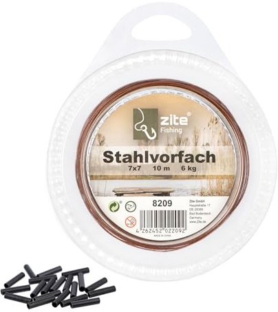 Zite Fishing Vorfachmaterial Stahl | Premium 7x7 Edelstahlvorfach für | Raubfische 6-12kg | Vorfachmaterial zum Selberbauen | 10m Spule mit 20 Quetschhülsen | Nylonummantelung in Braun