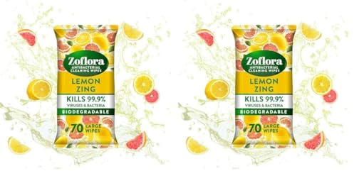 Zoflora Lemon Zing Antibacterial Biodegradable Multi-Surface Cleaning Wipes, Kills 99.9% of Bacteria & Viruses, Citrus Fresh Scent (Pack of 2)