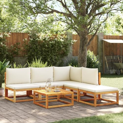 IKAYAA Gartenlounge Holz Gartenmöbel Set Holz Gartenlounge Outdoor Schwarz und Creme Terassenmöbel außen Balkon Lounge Sitzgruppe Lounge Sofa Garten-Sofagarnitur Ecklounge Outdoor 6-TLG