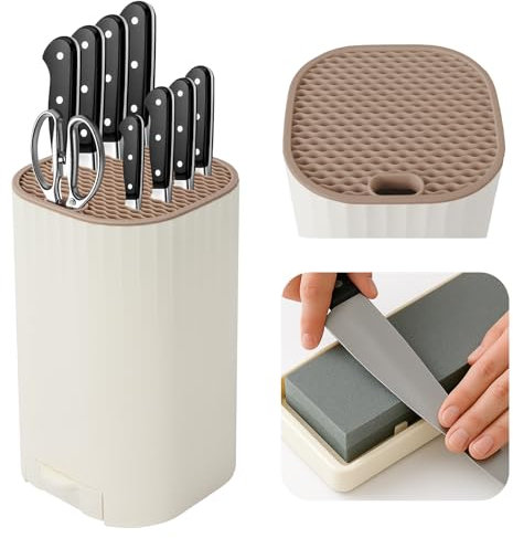 Bloque para Cuchillos sin Cuchillo, Qoosea 4 en 1 Soporte para Cuchillos con Ranura y Piedra de Afilar, Universal Desmontable Porta Cuchillo para Limpieza Fácil y Ahorra Espacio