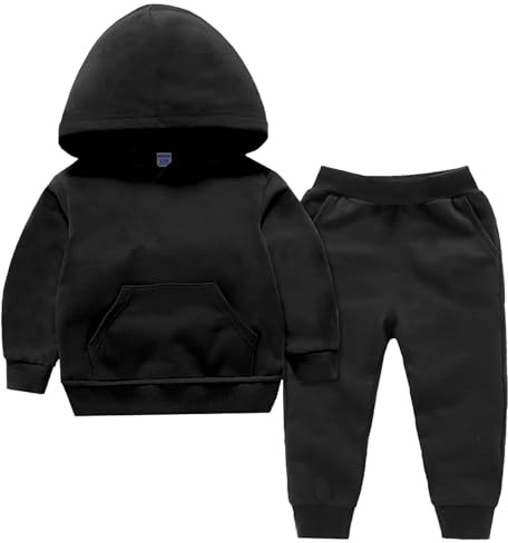BOTCAM Flicka vår enfärgad bomull med huva pullover två st sport kostym baby jumpsuit flickor, svart, 12-18 månader
