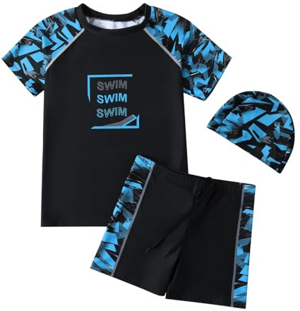 Mayoii Boys Swimming Costume,Big Kids Swim Trunks & Short Sleeve Rash Guard Shirt & Swim Cap,Two Piece Swimsuit T-Shirt Short Set (UK, Age, 8 Years, 9 Years, Regular, Standard, Blue Camouflage)
