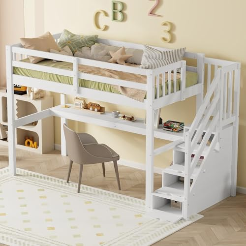 Merax Kinderbett 90x200 cm Hochbett mit Schreibtisch, Ablageleiter - Bettgestell mit Lattenrost (ohne Matratze), aus Kiefernholz, Jugendbett - für Kinder/Erwachsene, Weiß