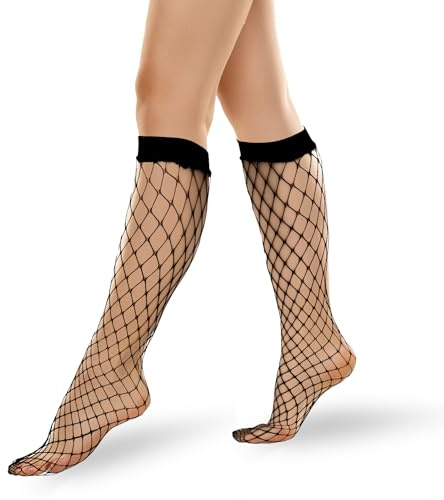 Tweruna 2 Pairs Knee Highs Fishnet Socks, Black Mid-Length Fishnet Stockings for Women, Hollow out Socks with Elastic Mesh Net Sock