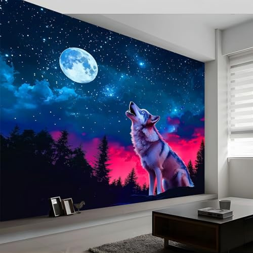 Fantasy Art Wall Mural 350 x 256 cm Photo Wallpaper, Night Sky Forest Starry Wolf Non-Woven Wall Mural Poster Modern Design for Living Room Bedroom Children's Room Corridor Decoration