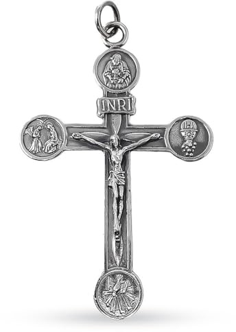 Inmaculada Romero IR Croix pendentif Pendentif crucifix en laiton plaqué argent de 94 mm. Représentation du calice de l'Annonciation de Jésus-Christ, du Père, du Fils et du Saint-Esprit.