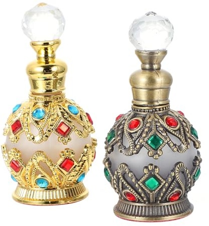 Healifty 2 piezas Botellas de Perfume de Vidrio Vintage Diseño Retro y Tapón Metálico Frascos Vacíos para Aceites Esenciales y Decoración Elegante para Baño y Dormitorio