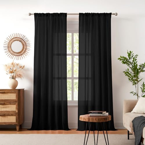 Melodieux Dekoration Fenster- Schienen Vorhang Durchsichtig Schwarz, Halftransparent Wohnzimmer Gardinenschals, 245×140cm (H×B) 2er Set