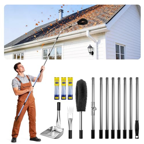 12 FT Gutter Cleaning Tools for Outdoor - Gutter Cleaner Pole with Brush & Shovel for Roof Rain Gutters, Cleans Leaves, Branches & Debris - No Ladder Needed (Black)
