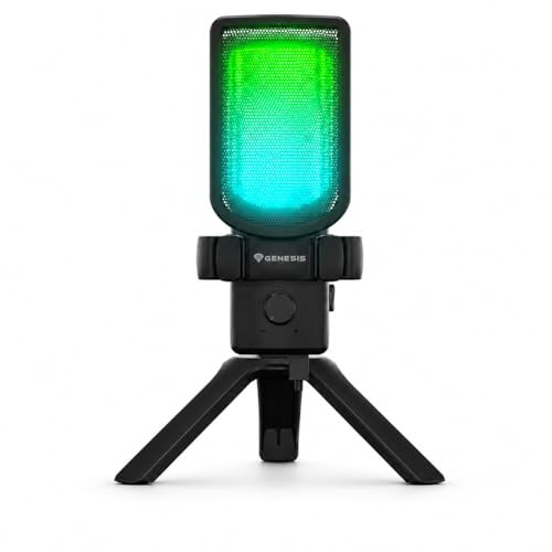 Genesis Radium 250 USB-mikrofon för spel och streaming – kondensatormikrofon med njurkarakteristik, RGB-ljus, gain och tyst knapp, 24 bit/192 kHz, bordsstativ och pop-filter, svart