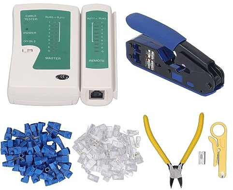 Pinza Crimpatrice per Cavi RJ45, Crimpatrice Puntalini Elettrici a Crimpare Pinza Capicorda, Kit Multiuso Cat5 Cat6 - Stripping e Taglio Integrati, Tester di Rete, Uso Facile e