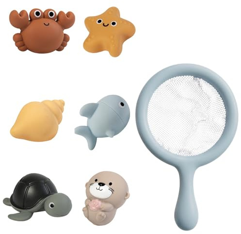 Jouets de Bain pour Enfants – Ensemble de 7 Jouets Aquatiques, Jouets Flottants pour la Piscine avec Filet de Pêche et Éléments Montessori