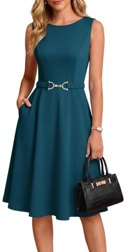 GRACE KARIN Sommarklänningar för kvinnor UK arbete damer rund hals A linje klänning | knälängd, ärmlös, rund hals, en linje, bälte, arbete, affärer, med fickor, ledig, elegant, solid