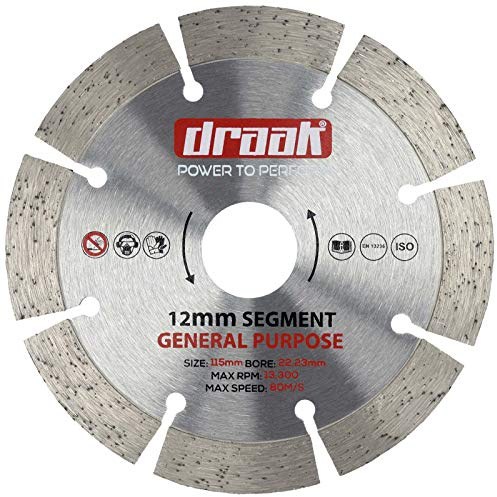 DRAAK General Purpose 115mm Diamond Cutting Disc for Use Concrete, Stone, Brick, Block + More Professional Hardened Steel 12mm Segment