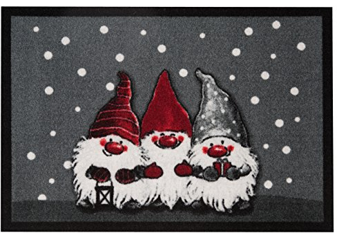 Hanse Home Printy Fußmatte für Innen und Außen 40x60cm - Schmutzfangmatte Türmatte Christmas Dwarfes mit Zwergen-Motiv Waschbar & Wetterfest, rutschfest für Eingangsbereich & Außenbereich – Grau