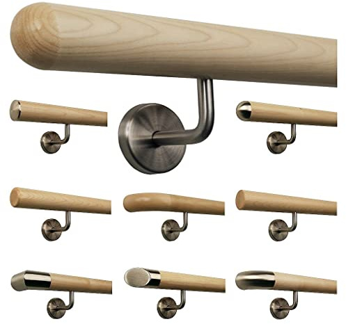 Ahorn Geländer Handlauf Treppe Holz Griff gewinkelt Edelstahlhalter, Länge 30-500 cm aus einem Stück/Variante:30 cm mit 2 Halter Halbkugel gefräst